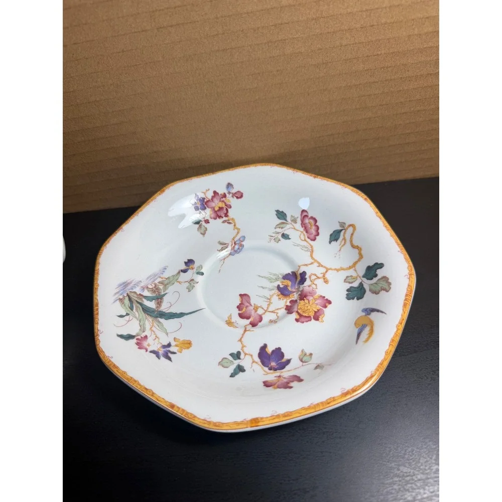 Wedgwood Devon Rose Chinoiserie Cream Soup Bowl and Saucer Floral Bird England